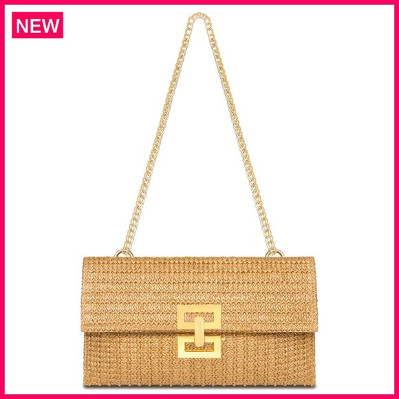 Straw Clutch Evening Bag with Adjustable Chain Strap for Summer Events